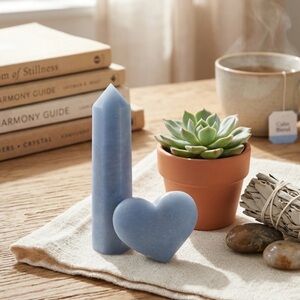 Natural Angelite Crystal Set – 4" Polished Tower Point & Puffy Heart Duo